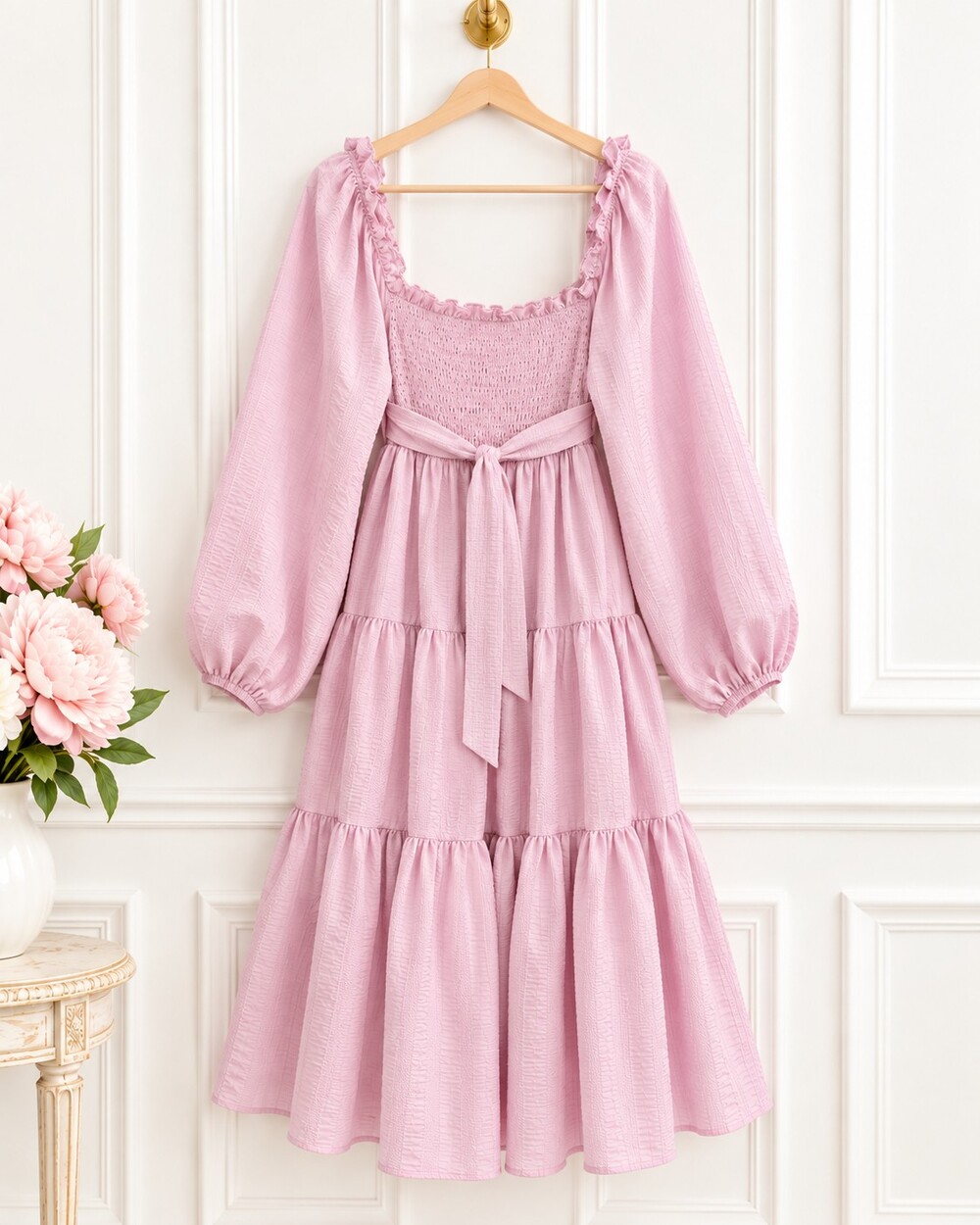 NWT Urban Outfitters Pink Smocked Tiered Midi Dress | Cottagecore | Size Large - Picture 6 of 9